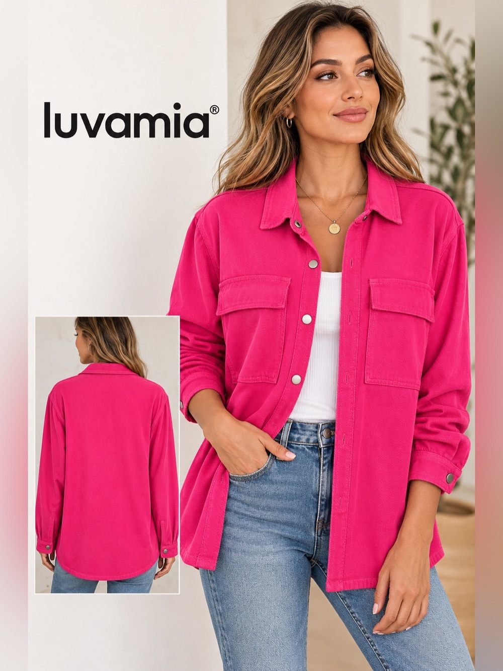 Luvamia Hot Pink Snap-Button Shacket Oversized Long Sleeve Size L